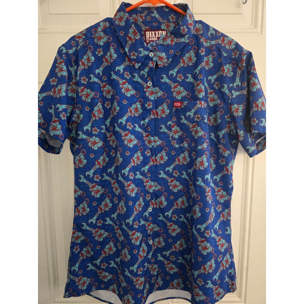 EUC Dixxon Flannel Co Get Lei'd Blue Wrench Hibiscus Shirt Womens XL